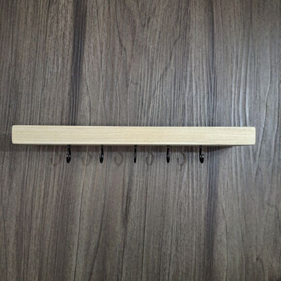 Handmade 10 inch Wall Mount 5 Hook Key/Hat Rack Brown Solid Wood Black Hooks - Picture 4 of 9